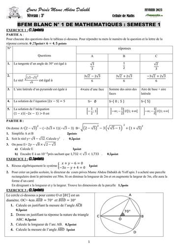 BFEM BEPC BLANC 1  FEVRIER 2023 MATHS by TEHUA