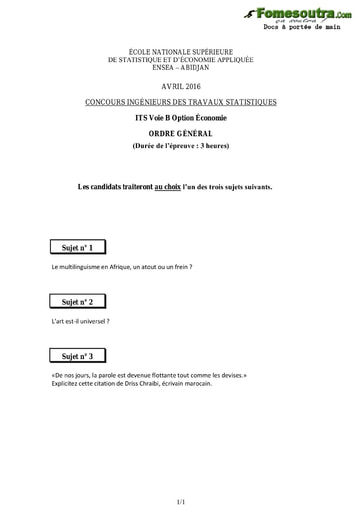 Sujet d'ordre générale ITS B option Economie 2016 (ENSEA)