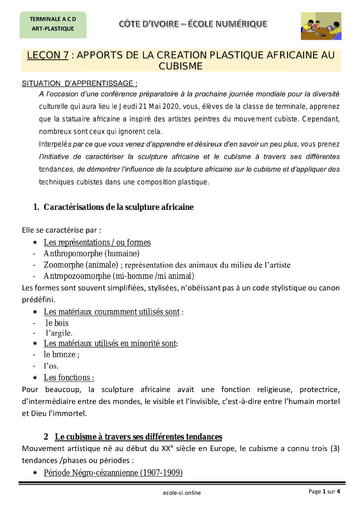 Apports de la création plastique africaine au cubisme - Cours d'Art Plastique niveau Terminale
