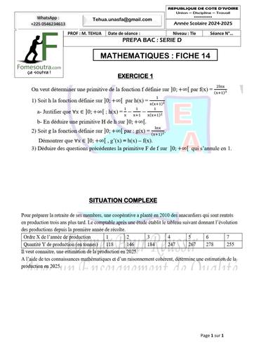PREPA BAC 2025 SERIE D MATHS FICHE 14 BY TEHUA