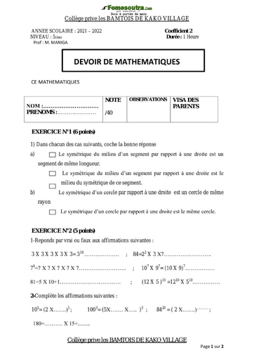 Devoir De Mathématiques Niveau 5eme