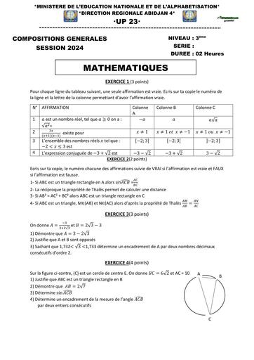 COMPO UP 23 DE MATHS NIVEAU 3ième 2024 BY TEHUA