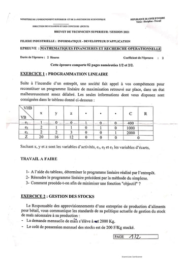 MATHÉMATIQUES FINANCIÈRES ET RECHERCHE OPÉRATIONNELLE BTS 2021