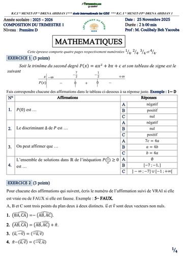 COMPOSITION DU TRIMESTRE 1 de Maths 1ière D LES GDS By Tehua