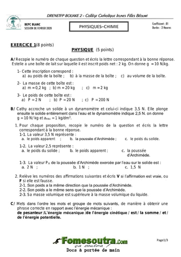 Sujets de Physiques Chimie BEPC blanc 2020 - Collège Catholique Jeunes Filles Béoumi (DRENETFP BOUAKE 2)