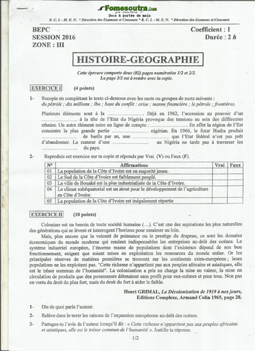 Sujet corrigé et barème d'Histoire et Géographie BEPC 2016 Zone 3