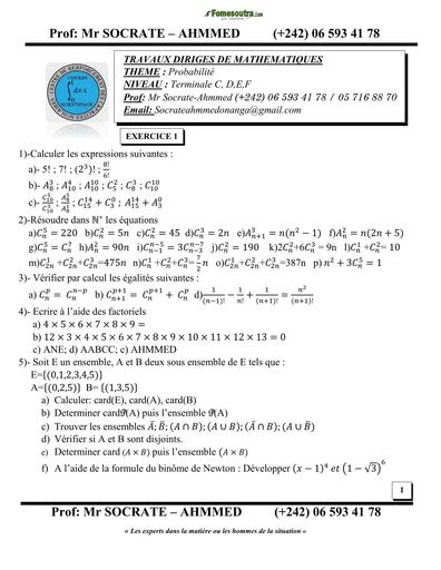 FICHE DE TRAVAUX DIRIGES PROBABILITE Tle D by TEHUA