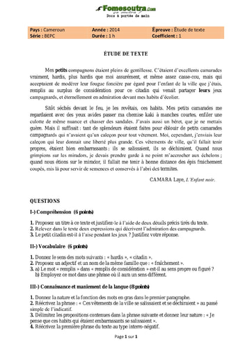 Sujet d'Etude de texte BEPC 2014 - Cameroun