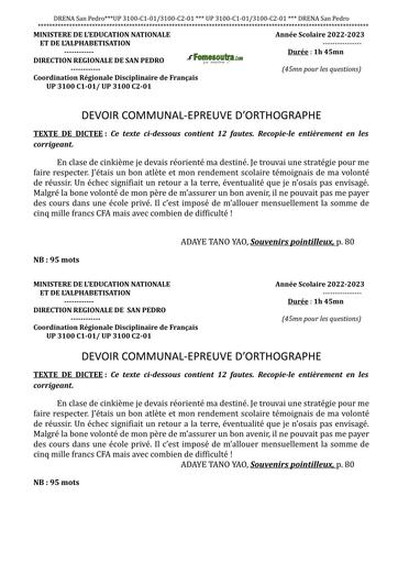 Devoir commun Ortographe DQ sujet+barême san pedro 2023 by Tehua