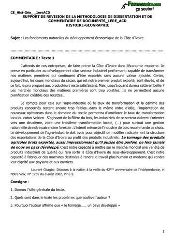 Histoire Geographie 1ière SUPPORT DE REVISION DE LA METHODOLOGIE DE DISSERTATION ET COMMENTAIRE DE DOC BY TEHUA