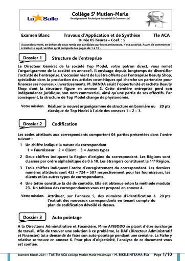 Travaux d’Application et de Synthèse 2021 EXAMEN BLANC Tle ACA