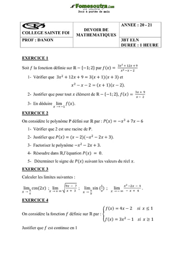 Sujet de Mathématiques niveau BT Electronique - Groupe Scolaire Sainte Foi Abidjan