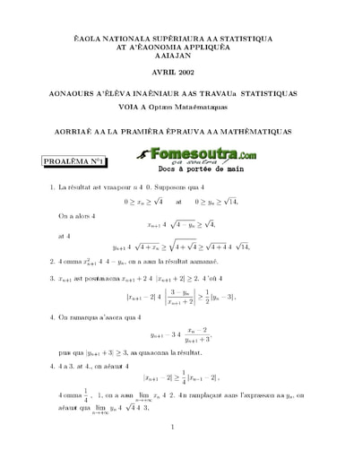 Corrigé 1ère épreuve de maths ITS B option Maths 2002 (ENSEA)