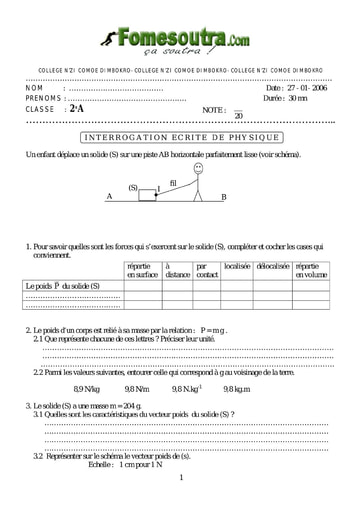 Interrogation 2 de Physique niveau 2nd A