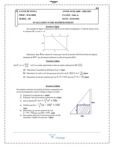 DEVOIR DE maths 6 NIVEAU 2nde A LYCEE DE WONA 2021 BY TEHUA