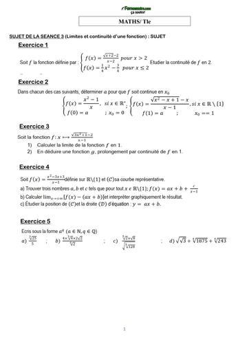 COURS DE VACANCES MATHS Tle SUJET 3 (Limites et continuité d’une fonction) BY TEHUA