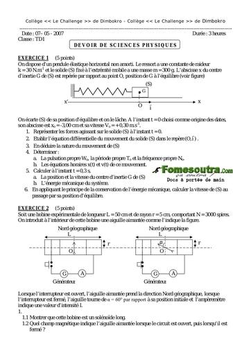 Devoir 13 Physique-Chimie niveau Terminale D Collège Le Challenge