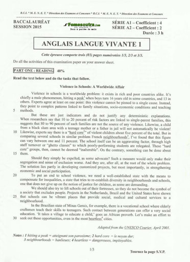 Sujet corrigé et barème d'Anglais BAC A1 et A2 2015