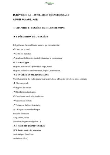 RESUME DE COURS INFAS AS HYGIÈNE EN MILIEU DE SOINS BY TEHUA