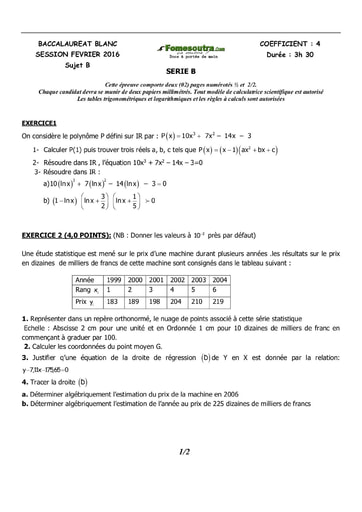 Sujet (B) de Maths BAC blanc 2016 serie B - UP Abobo