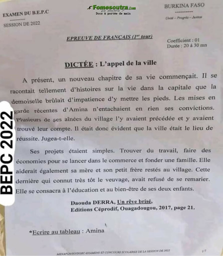 Sujet de Dictée BEPC 2022 - Burkina Faso