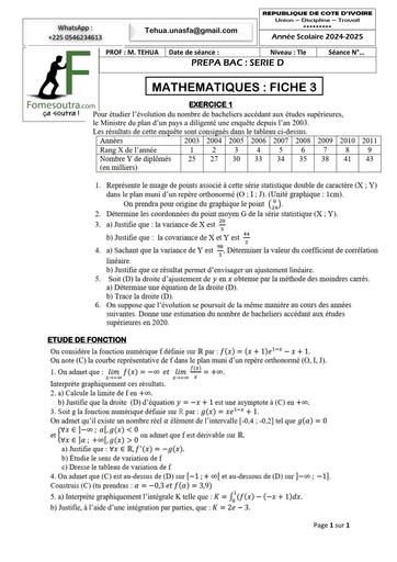PREPA BAC 2025 SERIE D MATHS FICHE 3 BY TEHUA