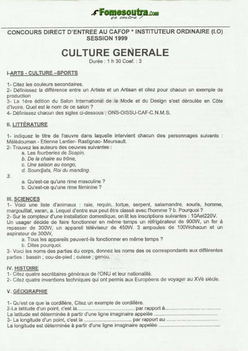 Sujet de Culture générale CAFOP 1999