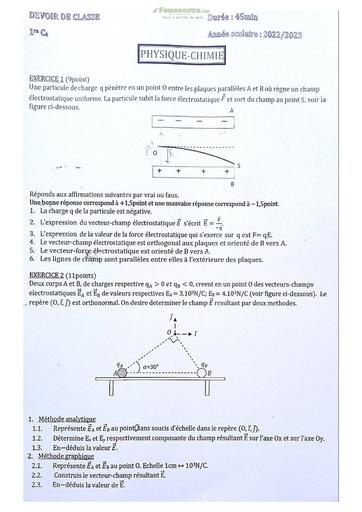 Sujet de Physique-Chimie Première C Lycée Classique Abidjan 22-23