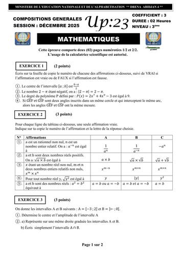 COMPOSITION GENERALE 2025 MATHS NIVEAU 3ième UP23 BY TEHUA