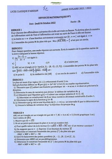 Sujets de Mathématique série C Lycée Classique d'Abidjan 2022-2023