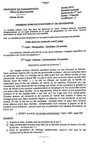 HIST GEO BAC A4,A5 2013 1er TOUR SESSION NORMALE