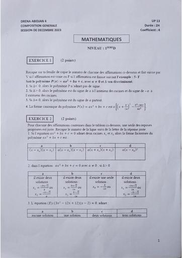 Partielle de décembre 2023 Maths 1iere D C le provincial Up13 sujet+barème by Tehua