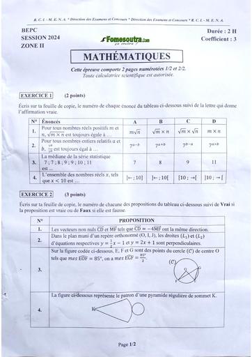 Bepc 2024 Zone 2 MATHÉMATIQUES by Tehua