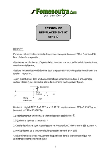 Sujet de Physique-Chimie BAC D 1997 session remplacement