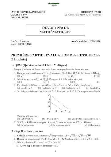 Devoir de maths N2 niveau 3eme trimestre 2 SUJET by TEHUA