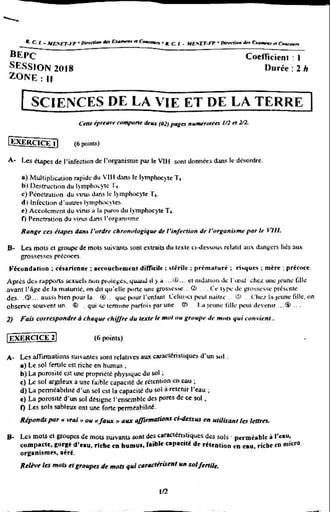 Sujet corrigé et barème SVT BEPC 2018 Zone 2