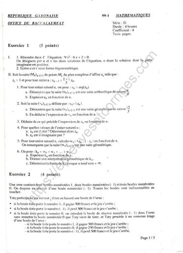 MATHS SUJET ET CORRIGE BAC D 1999 GABON DJAHASHIKAN