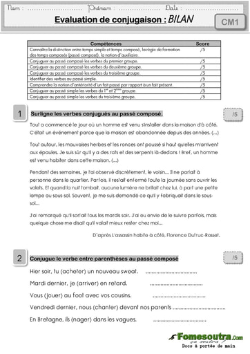 Evaluation de conjugaison (3)  - Niveau CM1