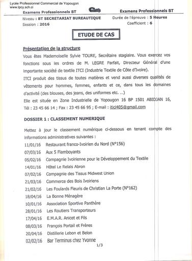 SB16 BT TERT SECRETARIAT BUR ETUDE DE CAS 2016 by Tehua