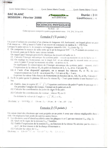 Sujet de Physique BAC blanc 2008 série D Lycée Sainte Marie de Cocody