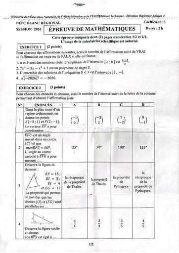 Bepc blanc 2026 dren Abidjan 4 Maths By Tehua