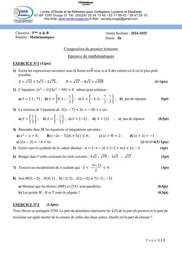 DEVOIR DE MATHS 3ème Mathématiques C1T1 CERCLE 2024 2025 BY TEHA