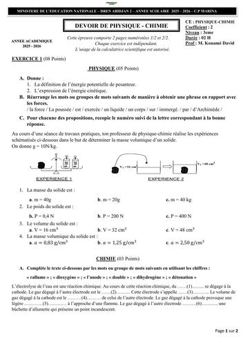 DEVOIR DE PC NIVEAU 3ième CP MARINA 2026 BY TEHUA