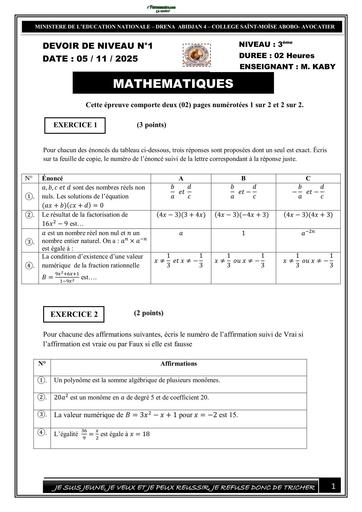 SUJET 3ième DEVOIR de MATHS 3ème N°1 (calcul littéral 2025 2026) by TEHUA