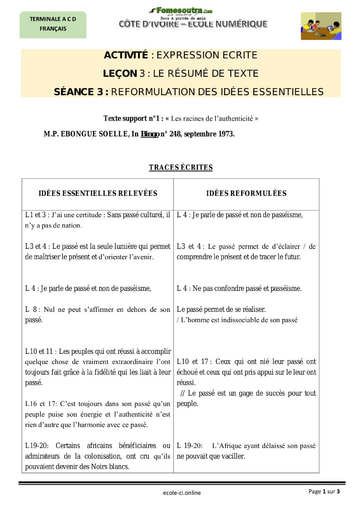 REFORMULATION DES IDÉES ESSENTIELLES