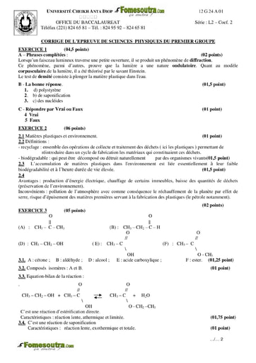 Corrigé du sujet de Physique-chimie du BAC L2 2012 - Sénégal