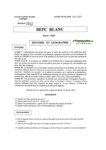 Sujet d'Histoire Geo BEPC blanc 2012 Lycée Sainte Marie de Cocody