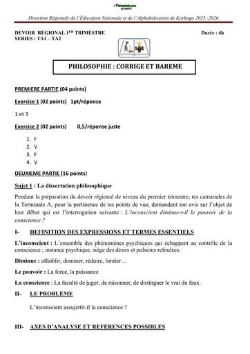 DEVOIR REGIONAL DE PHILOSOPHIE (TA1 & TA2)  DU 20 OCTOBRE 2025 barème Korhogo By Tehua
