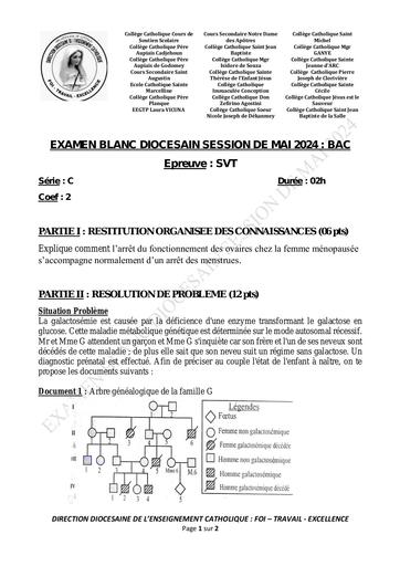 Sujet Bac blanc 2024 Diocesain cotonou SVT BAC C by Tehua