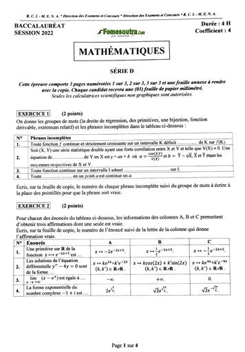 EPREUVE ET CORRIGE BAC 2022 MATHEMATIQUES SERIE D COTE D'IVOIRE avec bareme by TEHUA